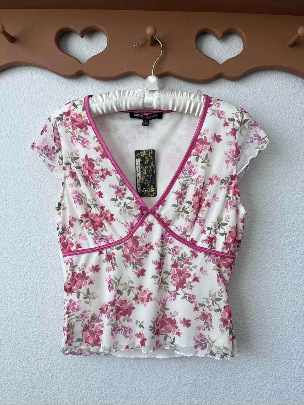 Honey Punch Cream Floral V-Neck Top with Pink Trim